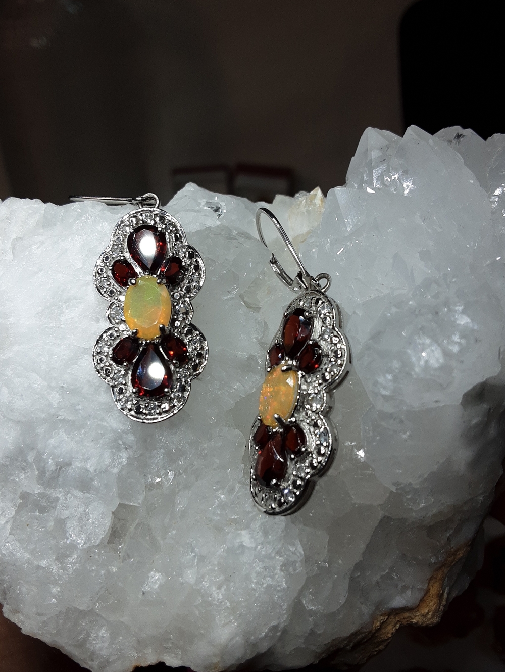 925 Genuine Garnet, Opal Drop Earrings.